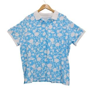 Lands End Polo Shirt Women 2X Blue Floral Short Sleeve Cotton Blend Pique